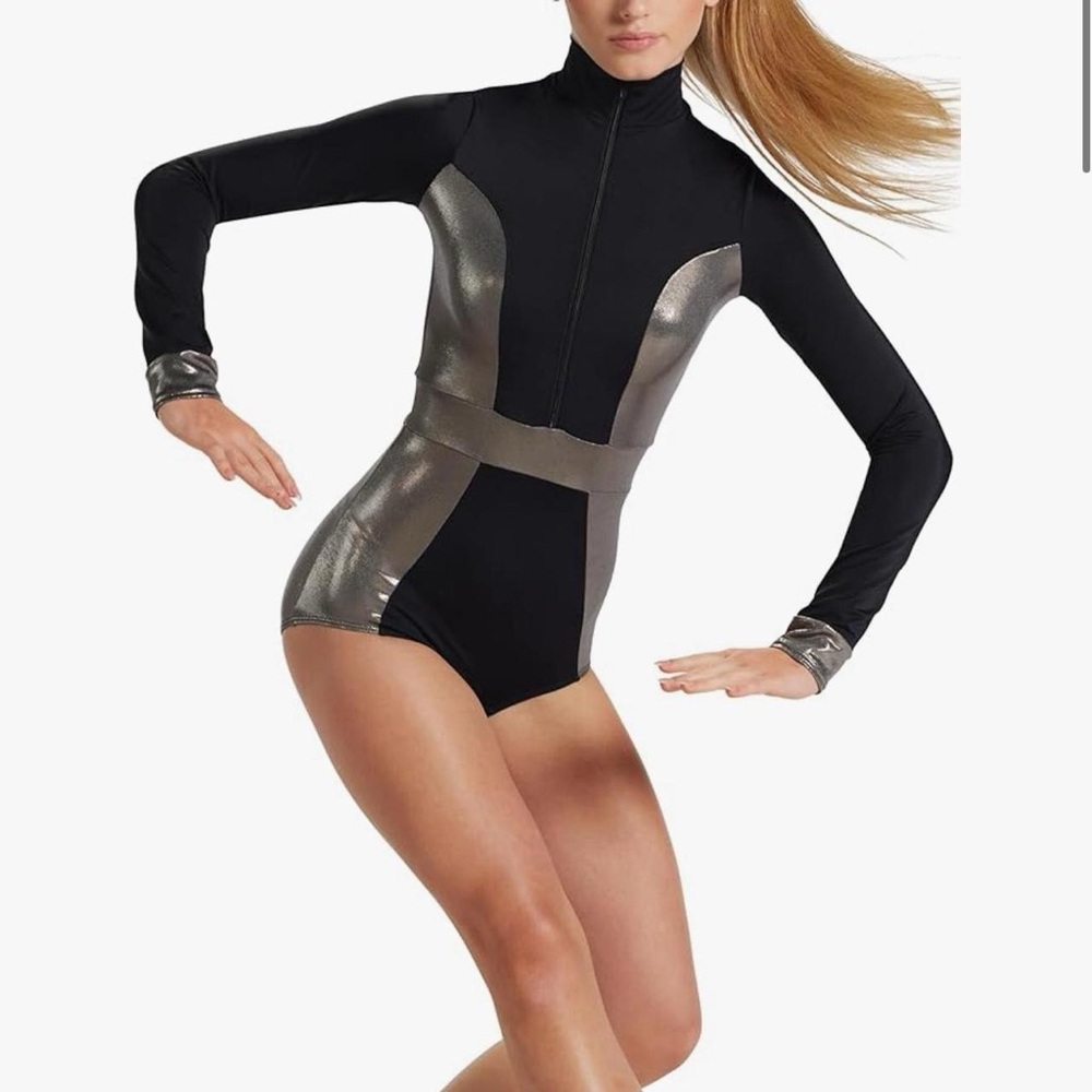NWOT Balera Long Sleeve Zipper Front Mock Neck Silver/Black Leotard, Size SA.